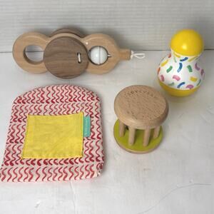 Lovevery Lot of Developmental Play Toys(4) Crinkle, Wobbler and Wooden Rattles